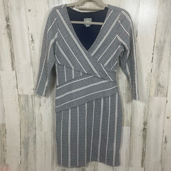 Anthropologie Maeve Amelia Faux Wrap Striped Column Dress Navy White size M - Picture 2 of 8